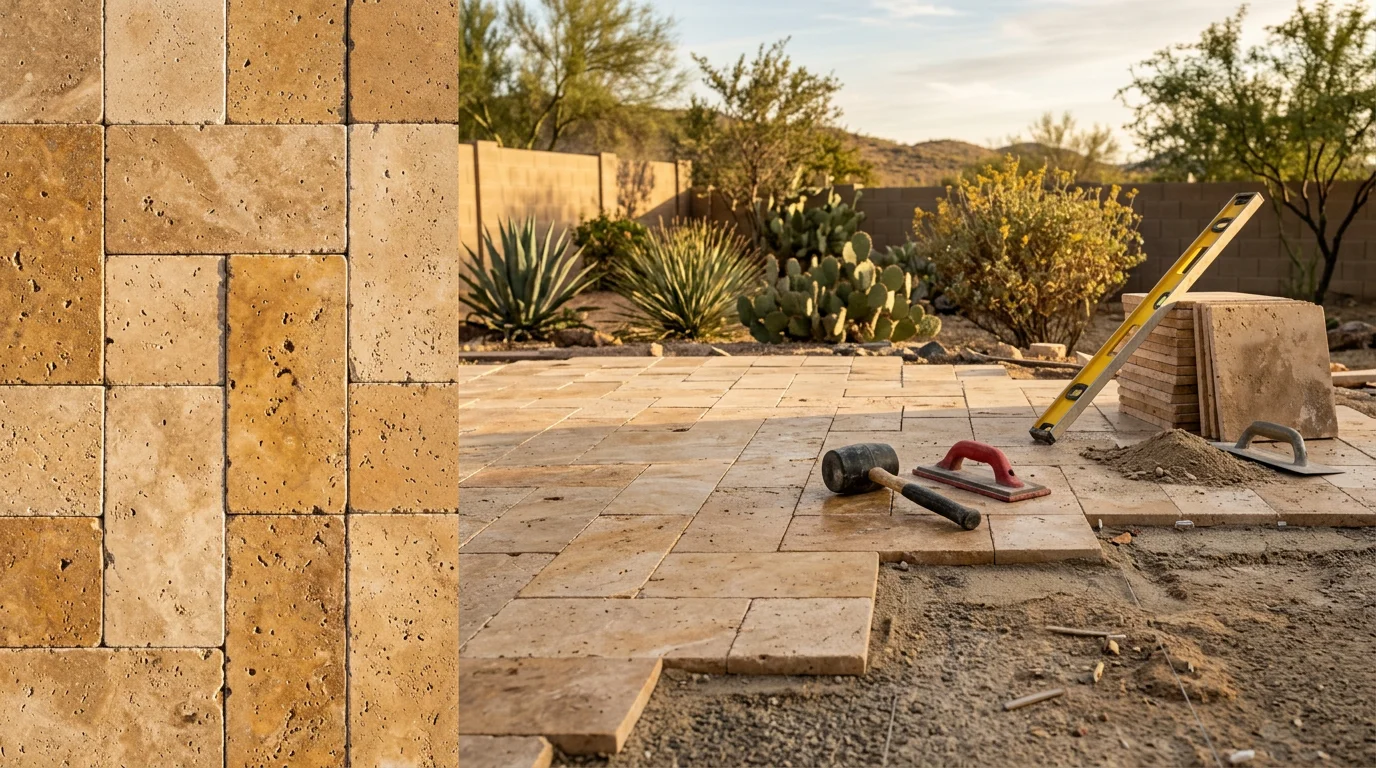 Travertine patio installation in a Surprise, AZ backyard showing natural stone pavers in warm earthy tones laid around an outdoor living area. The desert landscape surrounds the finished surface under a clear Arizona sky.