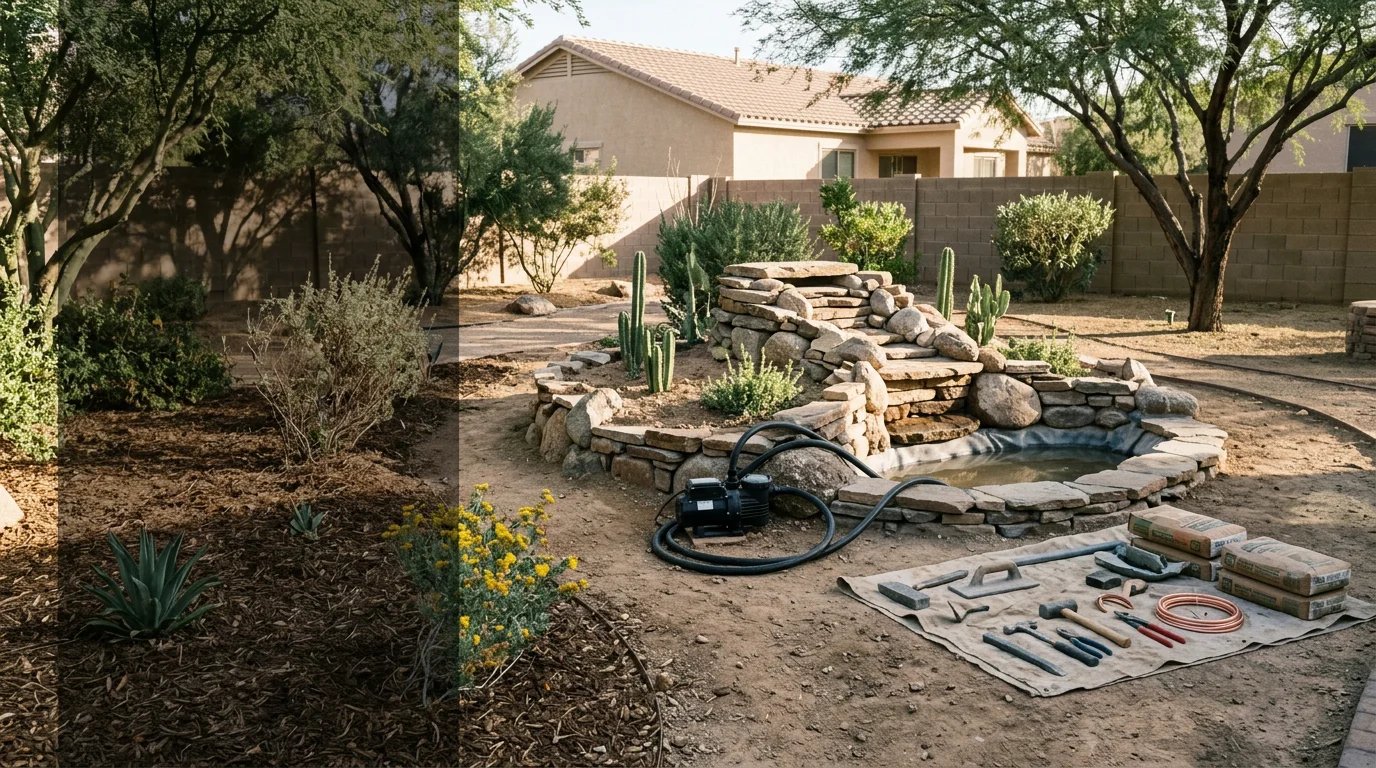 A custom desert-style water feature installed in a Surprise, AZ backyard, featuring natural rock work and a recirculating stream set into a desert landscape with drought-tolerant plants.