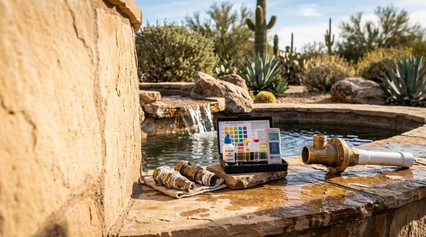 A pond contractor inspecting the pump and basin of a backyard water feature in Surprise, AZ, with desert landscaping visible in the background. Close-up view shows mineral scale on the pump housing, a common issue in Arizona's hard water climate.